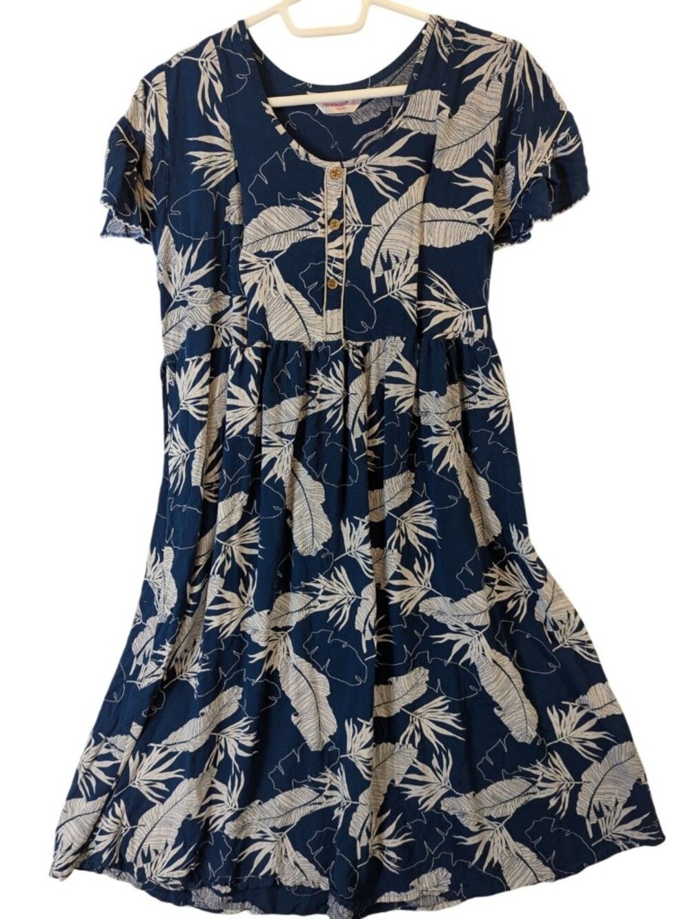 Floramour Nursing Nightgown Dress L Blue Leaf Print Zip Open Maternity Lounge